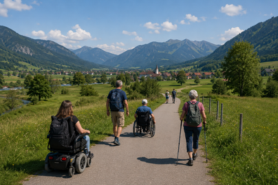 Eine Gruppe von Menschen wandert auf einem Weg durch eine grüne Landschaft mit Bergen im Hintergrund. Einige nutzen Rollstühle, während andere mit Stöcken gehen.