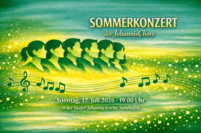 Ein Plakat für ein Sommerkonzert des JohannisChors. Es zeigt silhouettenartige Gesichter und Noten auf einem grünen Hintergrund.