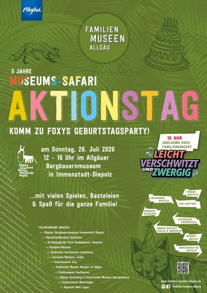 Ein buntes Veranstaltungsplakat für einen Aktionstag im Allgäu. Es lädt zur Geburtstagsfeier von Foxy mit Spielen und Spaß für die ganze Familie ein.