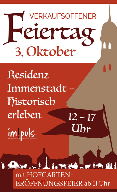 Ein Werbeflyer für einen verkaufsoffenen Feiertag am 3. Oktober. Die Veranstaltung findet in der Residenz Immenstadt von 12 bis 17 Uhr statt, inklusive einer Hofgarten-Eröffnungsfeier ab 11 Uhr.