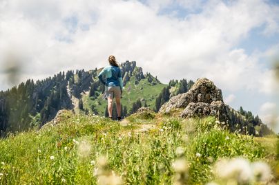 Eine Frau steht auf dem Wanderweg und blickt in Richtung des Steinebergs. Der Berg ist Teil des Naturparks Nagelfluhkette.