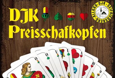 Ein Kartenblatt mit Symbolen der Spielkarten. Oben steht "DJK Preisschafkopfen" in großen Buchstaben.