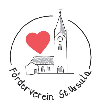 Eine einfache Zeichnung einer Kirche mit einem Herzsymbol. Darunter steht "Förderverein St. Ursula".