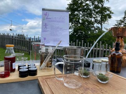 Eine Outdoor-Experimentierstation mit verschiedenen Behältern, Reagenzien und einer Anleitung auf einem Flipchart. Im Hintergrund sind Bäume und ein blauer Himmel zu sehen.