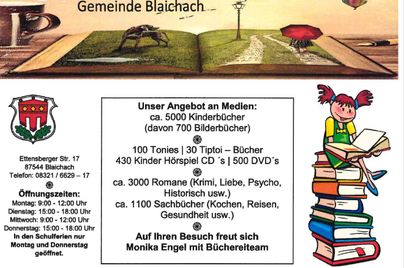 Ein Informationsblatt der Gemeinde Blaichach mit Details zur Bibliothek. Es zeigt Angebote von Medien, darunter Kinderbücher, Hörspiele und DVDs.