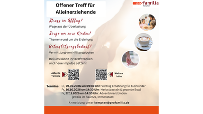 Ein informatives Plakat für einen offenen Treff für Alleinerziehende. Es enthält Informationen zu Terminen, Themen und Kontaktmöglichkeiten.