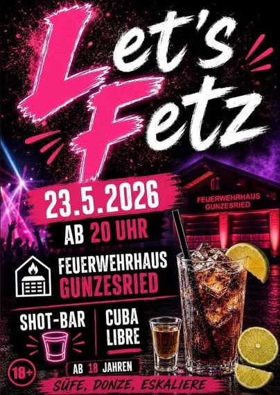 Eine Veranstaltung im Feuerwehrhaus Gunzesried am 23. Mai 2026 ab 20 Uhr. Drinks und Unterhaltung für Gäste ab 18 Jahren.