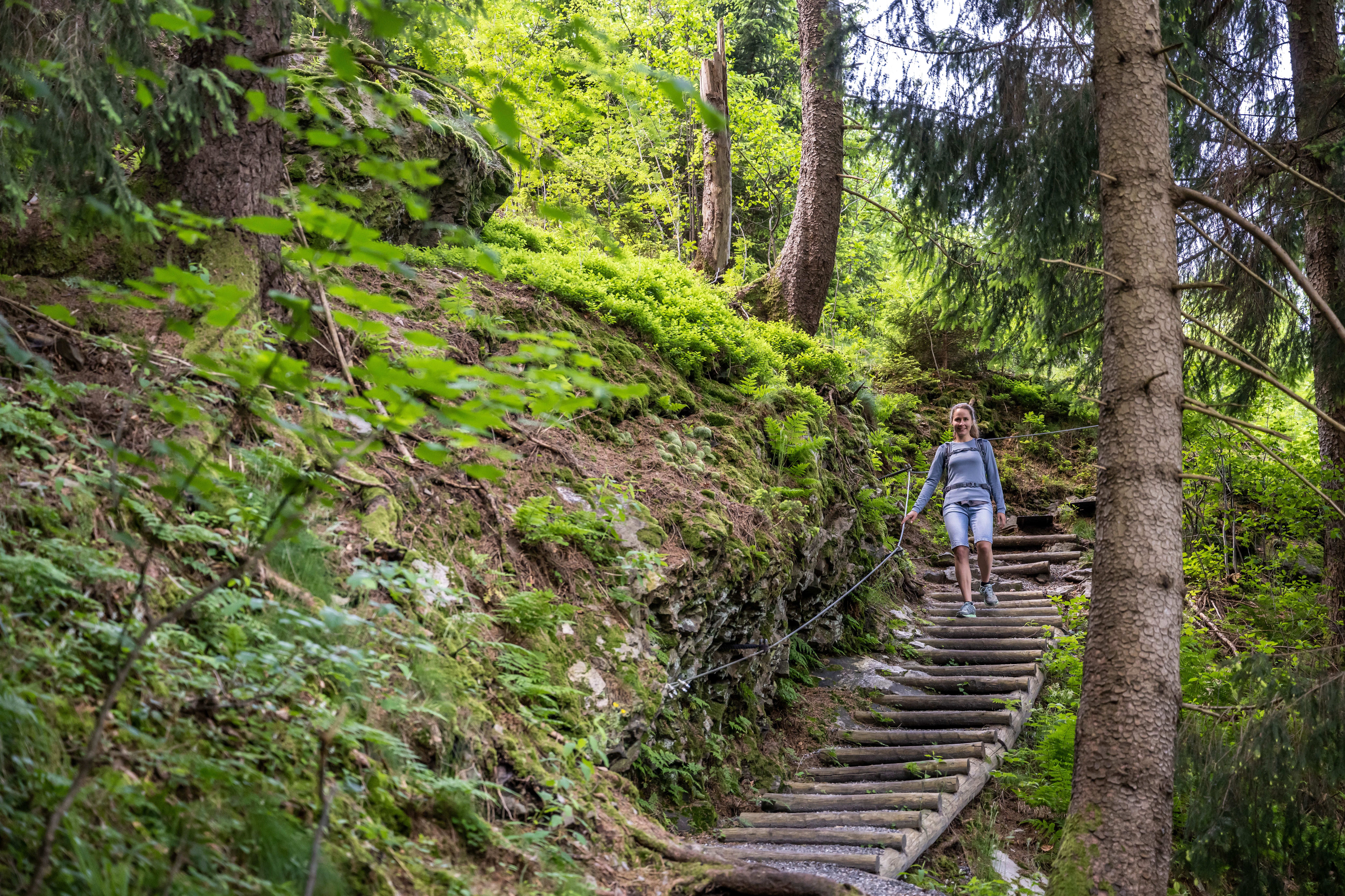Eine Frau wandert eine Holztreppe hinunter. Diese befindet sich am Weinberg in Burgberg.