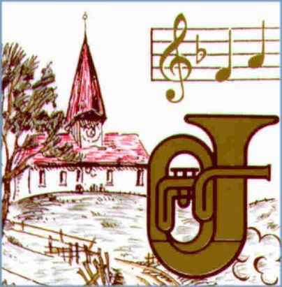 Eine skizzierte Landschaft mit einer Kirche und einem Notensymbol. Im Vordergrund ist ein Blechblasinstrument, eine Tuba, abgebildet.