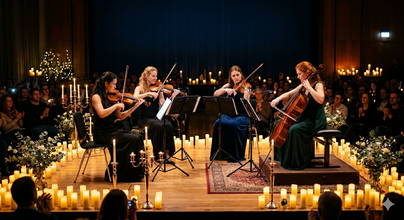 Ein klassisches Konzert mit einem Streichquartett auf einer Bühne. Die Musikerinnen spielen umgeben von zahlreichen Kerzen und einer begeisterten Zuschauerschaft.