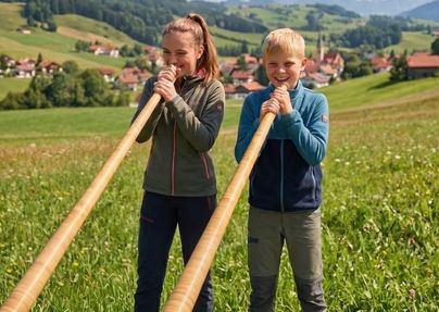 Zwei Kinder stehen auf einer Wiese und spielen mit einem Alphorn. Im Hintergrund sind grüne Hügel und ein kleines Dorf zu sehen.