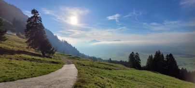 Eine malerische Landschaft mit einem gewundenen Weg durch grüne Wiesen. Im Hintergrund sind Berge und ein klarer Himmel zu sehen.