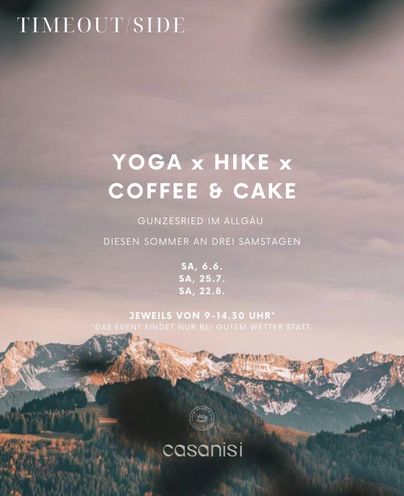 Ein einladendes Naturbild mit grünen Wiesen und Bäumen unter einem klaren Himmel. Ein Event für Wandern, Yoga, Kaffee und Kuchen findet am 7. August in Gunzesried, Allgäu statt.