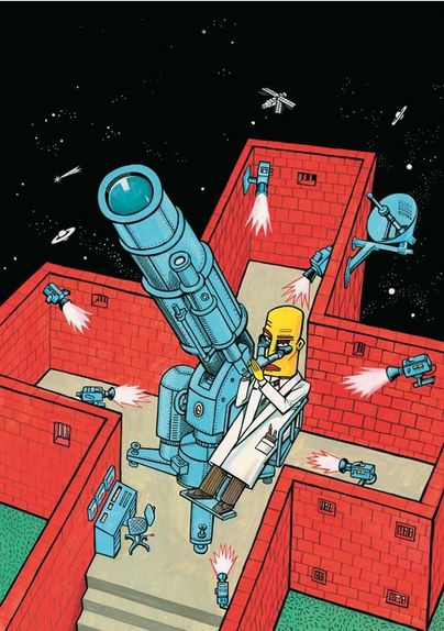 Ein Wissenschaftler sitzt in einem roten Raum und bedient ein großes Teleskop. Um ihn herum sind verschiedene technische Geräte und Raketen, die in den Weltraum zielen.