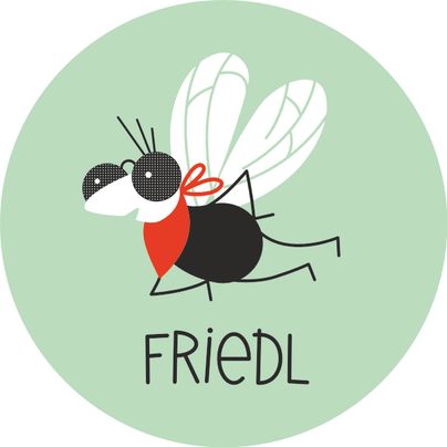 Eine lustige Zeichentrickmücke mit roten Halstuch und großen, durchsichtigen Flügeln. Der Hintergrund ist grün und der Name "FRIEDL" ist darunter geschrieben.