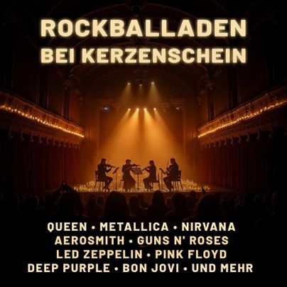 Eine stilvolle Musikkonzert-Atmosphäre mit einer Band, die bei Kerzenlicht spielt. Im Hintergrund sind die Namen bekannter Rockbands zu sehen.