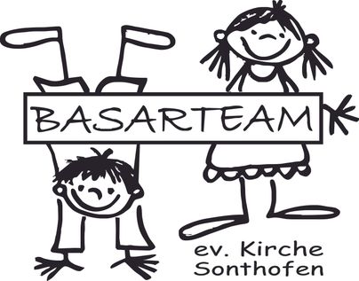 Eine einfache Grafik mit zwei fröhlichen, cartoonhaften Figuren. Die Textelemente „BASARTEAM“ und „ev. Kirche Sonthofen“ sind deutlich zu erkennen.