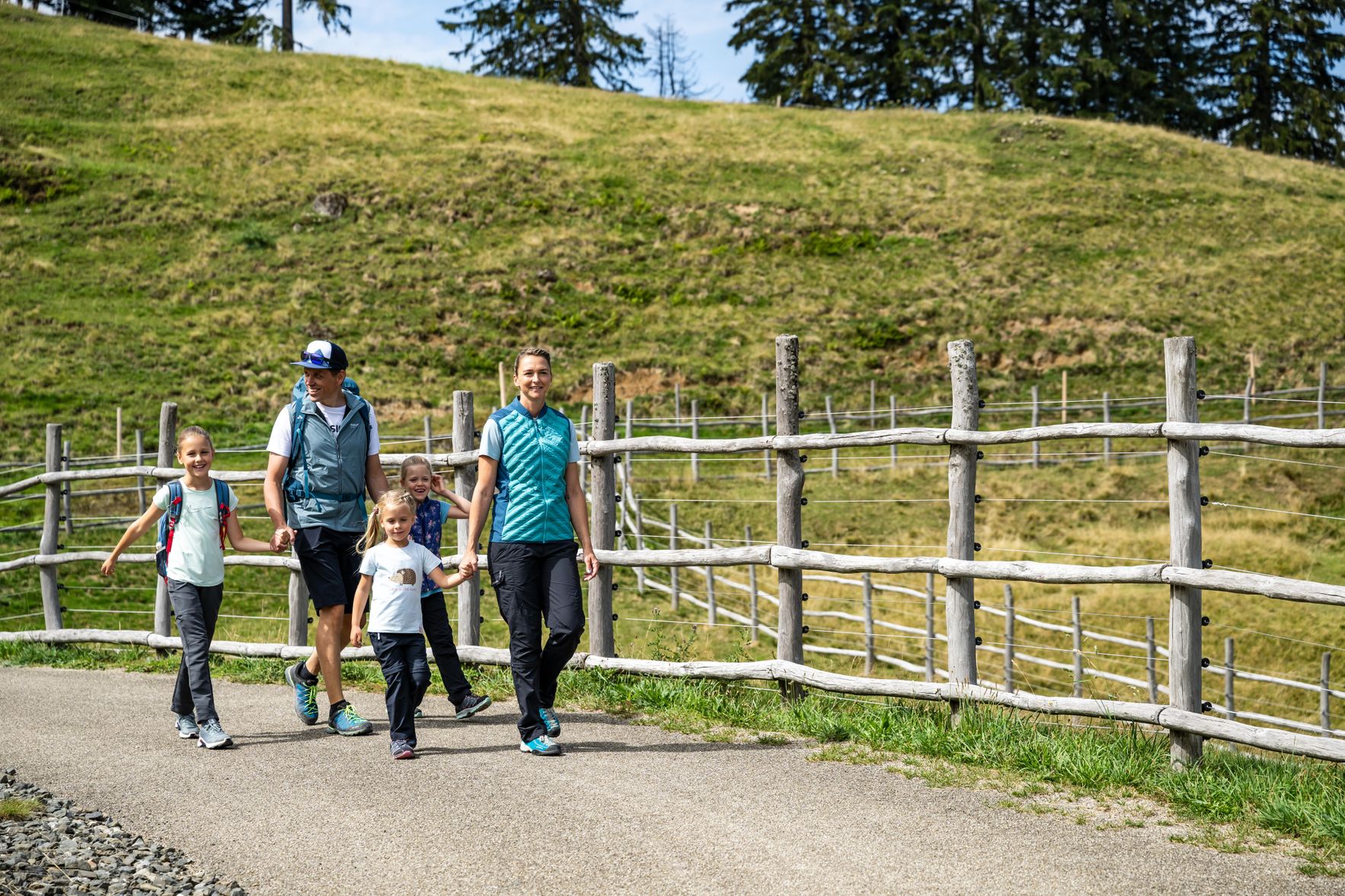 Fünf Personen wandern auf einem Weg in einer grünen Landschaft an einem sonnigen Tag. Es gibt einen Zaun am Weg.