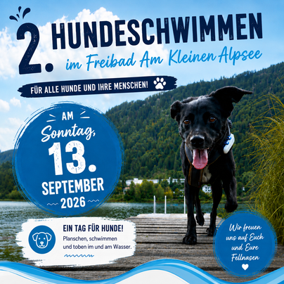 Ein Hundeschwimmen im Freibad am Kleinen Alpsee findet am Sonntag, den 13. September 2026, statt. Alle Hunde und ihre Menschen sind herzlich eingeladen, zu planschen und zu schwimmen.