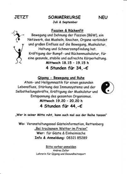 Ein Informationsblatt über Sommerkurse im Juli und September. Es werden verschiedene Aktivitäten wie Faszien- und Rückentraining sowie Qigong angeboten.