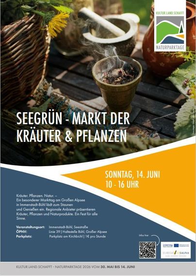 Ein Plakat für den Seegrün-Markt der Kräuter und Pflanzen mit Informationen zum Event. Das Marktdatum ist Sonntag, der 14. Juni, von 10 bis 16 Uhr.