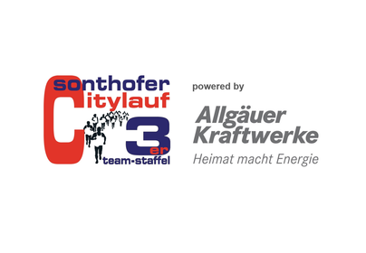 Ein Logo für den Sonthofer Citylauf mit dem Schriftzug "C3 er team-staffel". Es wird von den Allgäuer Kraftwerken unterstützt.