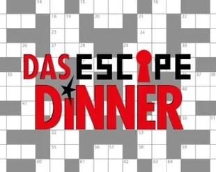 Ein kreatives Design für ein Escape Dinner. Es zeigt ein Kreuzworträtsel-Hintergrund mit auffälligem Logo.