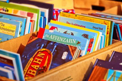 Ein Kasten voller Bücher mit bunten Buchcovern. Einige Titel sind deutlich sichtbar, darunter „Im Affenzahn“.