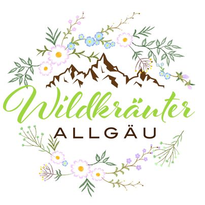 Ein dekoratives Logo mit dem Schriftzug "Wildkräuter Allgäu". Es zeigt Blumen und Berge in einem ansprechenden Design.