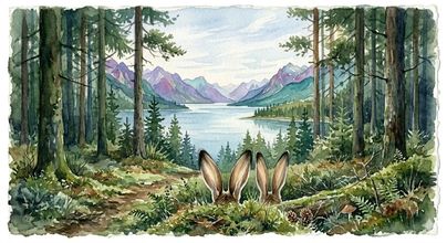 Zwei Hasen sehen neugierig aus dem Unterholz in einen schönen Wald mit einem See und Bergen im Hintergrund. Der Himmel ist klar und die Natur üppig und grün.