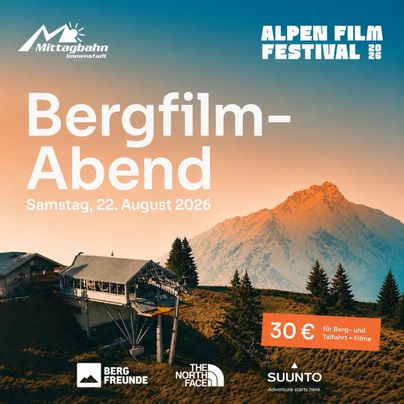 Ein Plakat für das Alpen Film Festival mit dem Titel "Bergfilm-Abend". Es zeigt eine Berglandschaft mit einer Skihütte und Informationen zum Event am 22. August 2026.