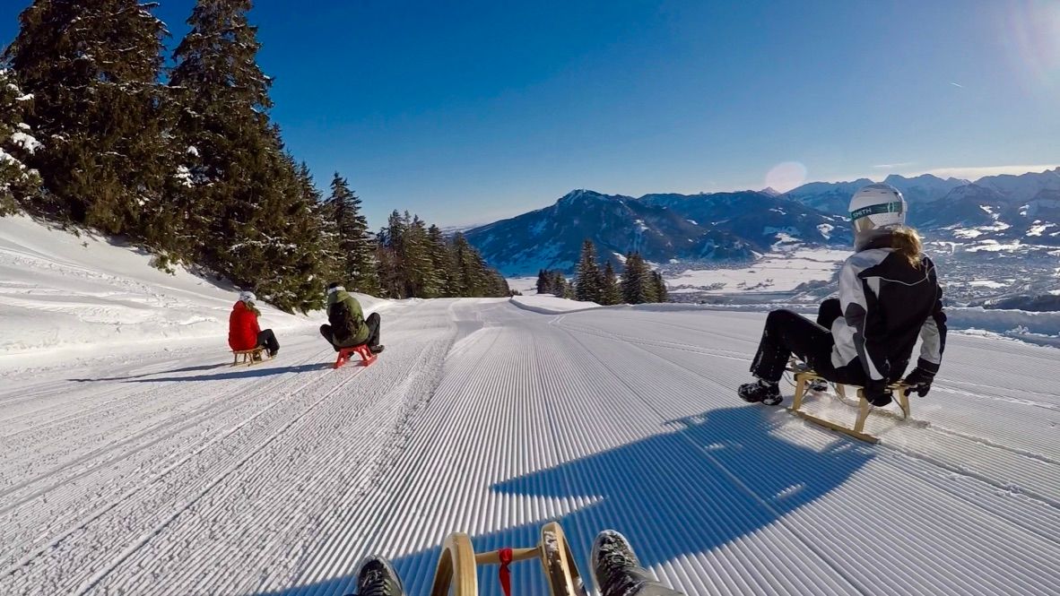 Vier Personen rodeln am Mittag auf der Rodelbahn. Im Hintergrund ist der Grünten zu sehen. Die Naturrodelbahn vom Mittag Gipfel ist 5,2 km lang.