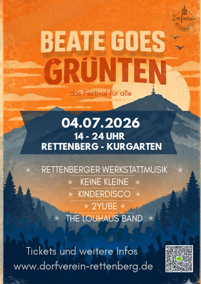 Ein Festivalplakat für "Beate goes Grünten" mit Informationen zu Datum, Uhrzeit und Location. Es zeigt eine malerische Berglandschaft im Hintergrund.