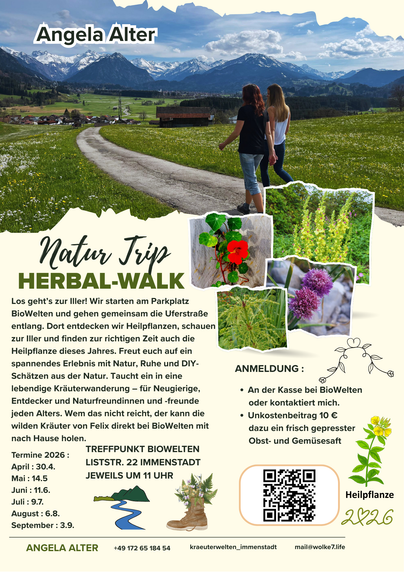 Ein Werbeplakat für Kräuterwanderungen in Immenstadt. Es zeigt eine Person in der Natur mit Kräutern und enthält Informationen zur Veranstaltung.