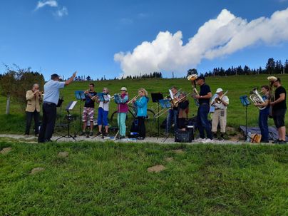 Eine Blaskapelle spielt auf einer Wiese unter einem blauen Himmel. Im Hintergrund sind grüne Hügel und einige Wolken zu sehen.