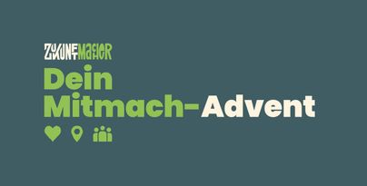 Ein grafisches Bild mit dem Text "Dein Mitmach-Advent". Es hat eine moderne Schriftart und kräftige Farben auf einem grauen Hintergrund.