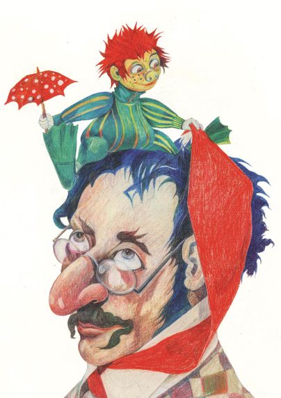 Eine bunte Zeichnung eines clownartigen Mannes mit einer großen Nase und Brille. Auf seinem Kopf sitzt eine kleine, fröhliche Figur mit einem Regenschirm.