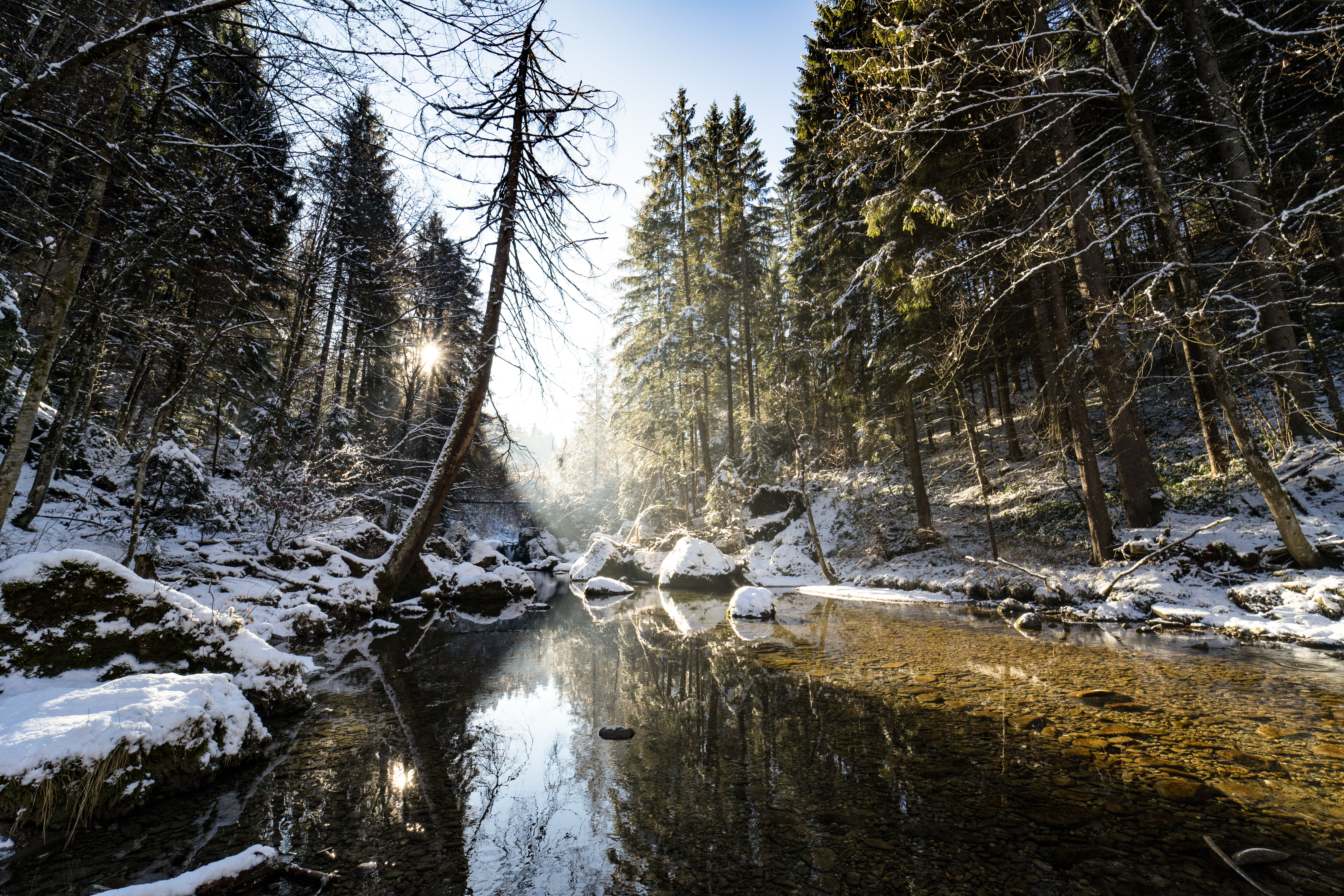 Der schneebedeckte Ostertaltobel befindet sich bei Gunzesried-Säge (Blaichach). Hier gibt es zahlreiche Wasserfälle, kleine Strudel und tiefe Gumpen für die ganze Familie zu besichtigen.